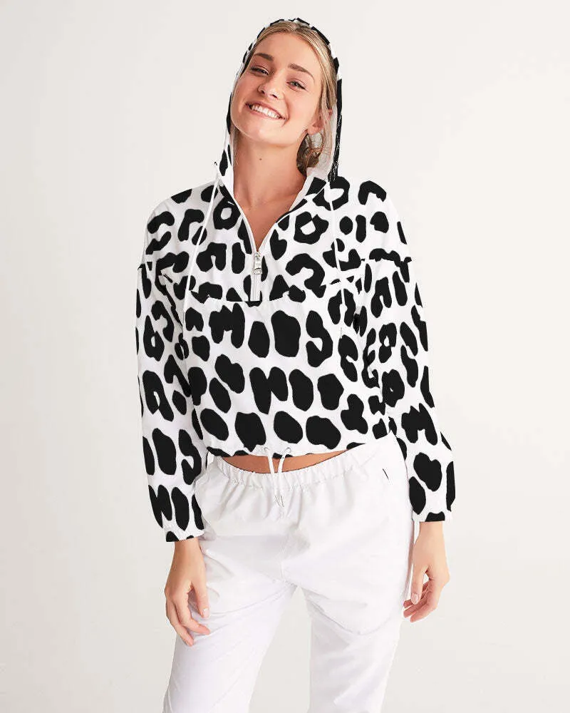 Uniquely You Women's Cropped Windbreaker Jacket - Black/White Leopard Print