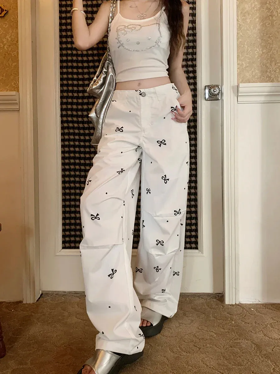 Wide Printed Polka Leg Dot Straight Korean Fashion Y2k Streetwear Loose Bow Pants