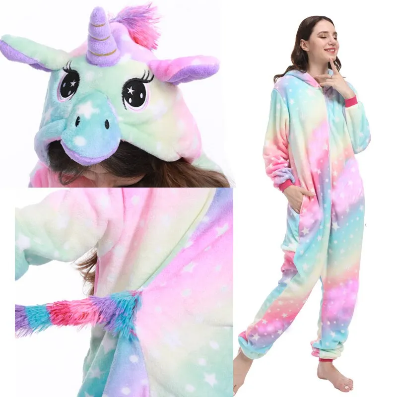 Women Unicorn Oneises Kigurumi Adults Animal Unicorn Pajamas Nightie Panda Cat Onesie For Women Jumpsuit Warm Hooded Sleepwear