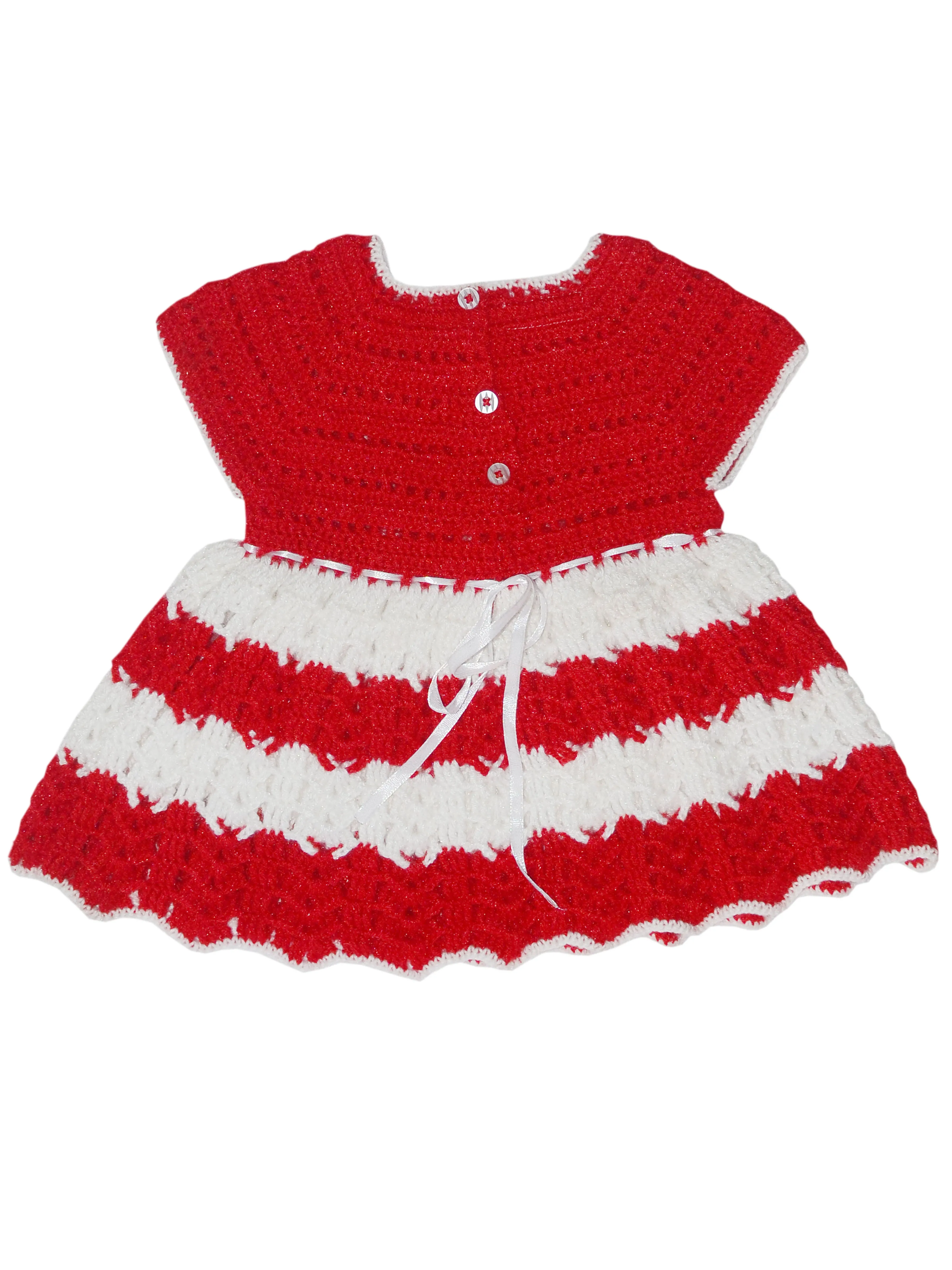 Woolen Crochet Design handmade Cap Sleeve Baby Frock - Red & White